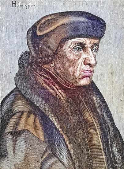 Desiderius Erasmus of Rotterdam or simply Erasmus (born 28 October 1466/1467/1469 in Rotterdam, died 11/12 July 1536 in Basel) was a Dutch polymath: theologian, philosopher, philologist, priest, author and editor of 444 books and writings, Historical, digitally restored reproduction from a 19th century original, Record date not stated