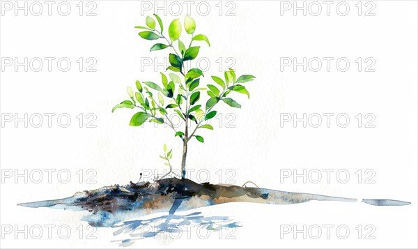 Tree sprout with coins growing from its buds, watercolor illustration on white background AI generated