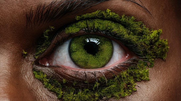 Macro close-up of a green eye with moss around the eyelids, showcasing detailed textures, earth day concept, AI generated