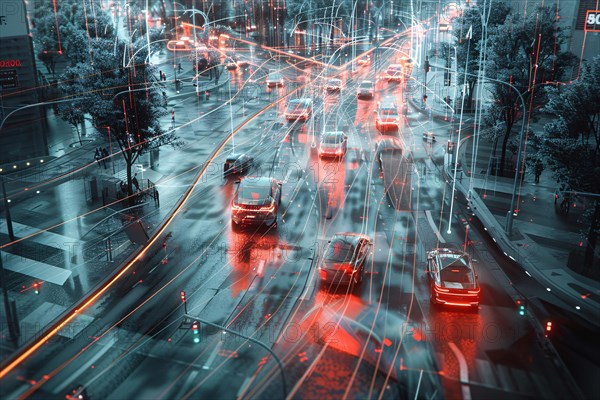 Blurred motion of city traffic at night with a teal and orange color scheme, AI generated