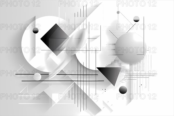 Monochrome abstract geometric composition with various shapes and textures, illustration, AI generated