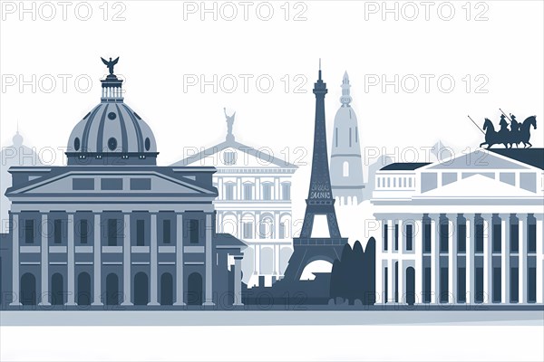 Monochromatic blue vector silhouette of iconic city landmarks and architecture, illustration, AI generated