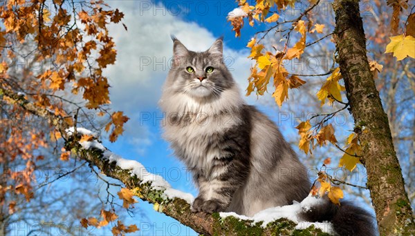 AI generated, animal, animals, mammal, mammals, cat, felidae (Felis catus), a grey-black American Forest Cat, sitting in a tree, autumn, autumn leaves, snow, onset of winter