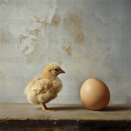 A small chick stands next to an egg on a wooden background with a light-coloured background, AI generated