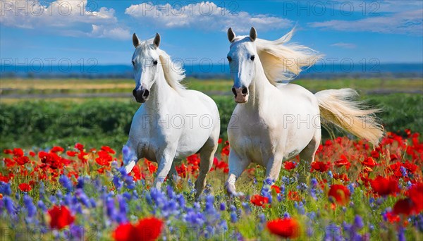 KI generated, A horse, horses, Arabian, in front of a blue sky, thoroughbred Arabian, AV, Arabian thoroughbred, (Eqqus ferus caballus), running in a meadow with colourful flowers