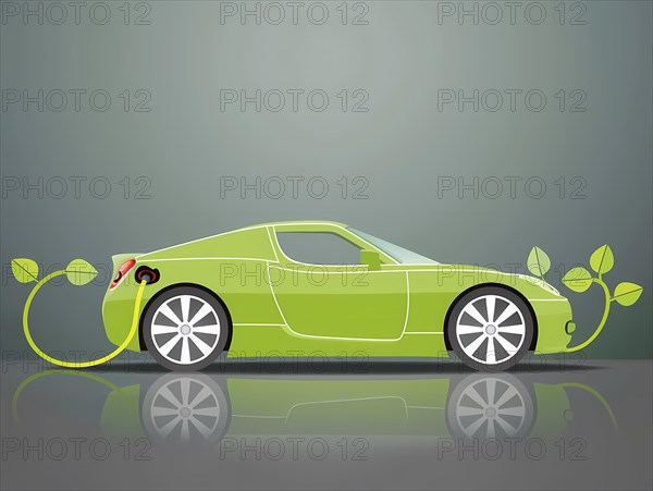 Vector illustration of a green electric coupe with leaves symbolizing clean energy, illustration, AI generated