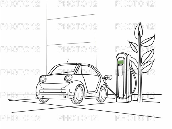 Coloring book page depicting an electric car at a charging station, illustration, AI generated
