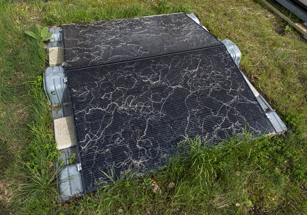 Sahara dust on a solar module, solar panel, a balcony system on a green roof, Braunschweig, Lower Saxony, Germany, Europe