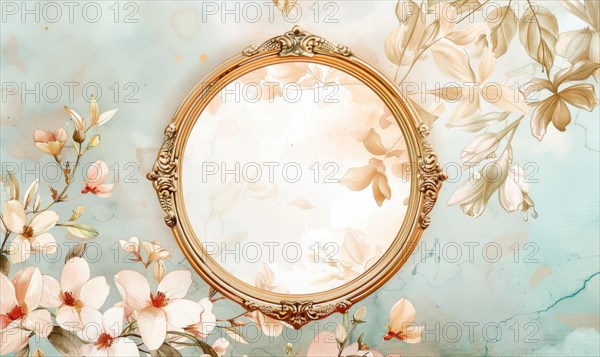 A gold frame with pink flowers on the wall. Abstract background with frame and space for text AI generated