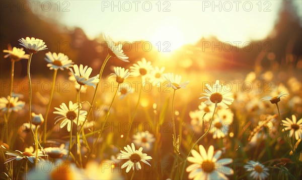 Chamomile field at golden hour, spring nature background AI generated