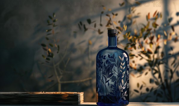 Cobalt blue glass bottle with botanical illustrations on background with textured shadow AI generated