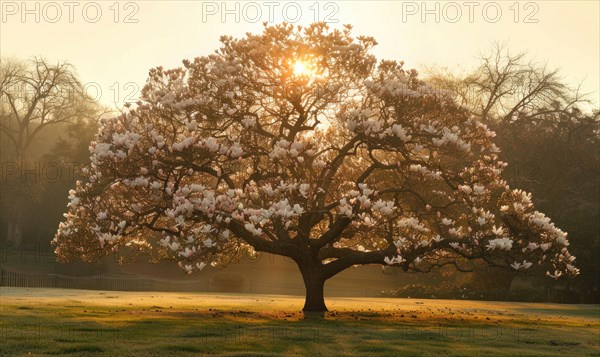 Magnolia tree in full bloom under the golden light of sunrise AI generated