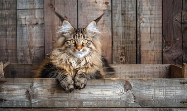 Maine Coon cat sitting proudly atop a rustic wooden crate AI generated