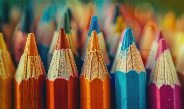 Close-up of a bunch of colored pencils, abstract background with colored pencils macro view AI generated