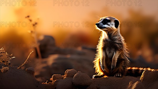 Meerkat standing on its hind legs vigilantly scanning the horizon of the Kalahari desert, AI generated