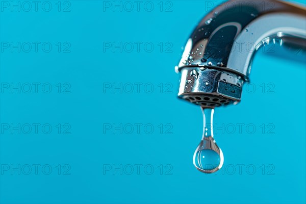 Single drop of water coming out of water tap on blue background. KI generiert, generiert, AI generated