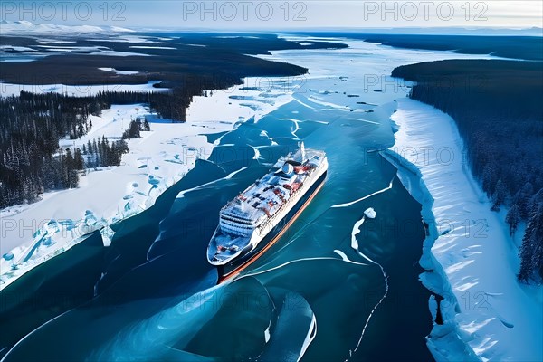 Aerial view of churned ice and open water trailing an icebreaker through pristine icy wilderness, AI generated