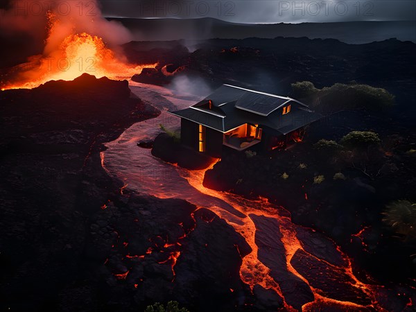 Single home standing resolute as an unstoppable lava flow looms close moments before engulfment, AI generated