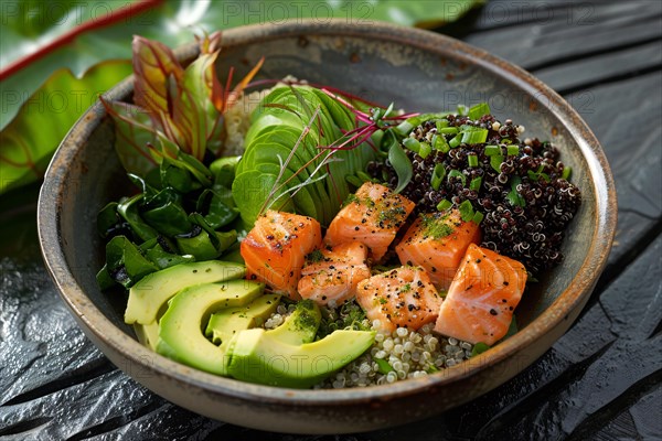A sushi bowl with raw salmon, avocado, and black rice garnished with sesame seeds in a ceramic dish, AI generated