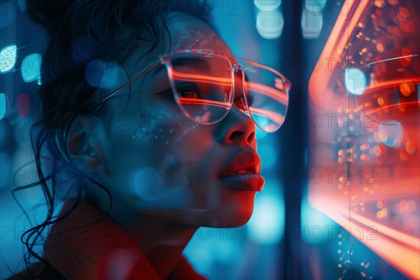 Immersive portrait of a woman with holographic glasses in a sea of neon light reflections, AI generated