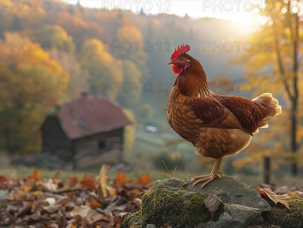 Chicken standing outdoors with autumn foliage and sunrise in the background, AI generiert, AI generated