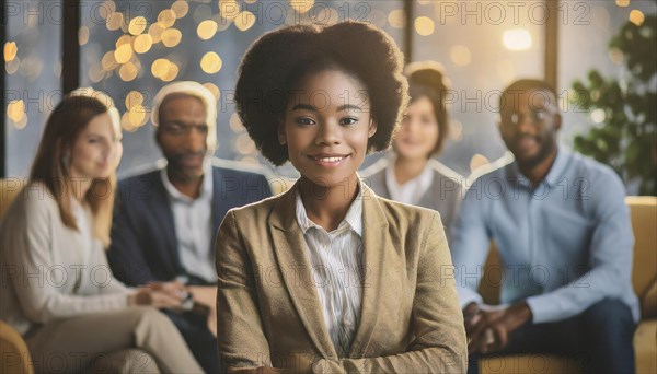 Focused businesswoman with a leadership aura in front of her team during a meeting, AI generated