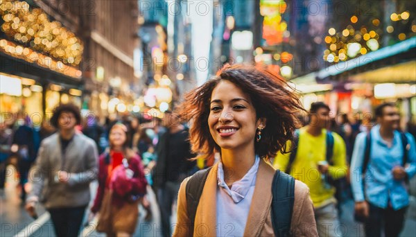 Cheerful woman with a backpack smiling as she walks through a busy city street, rush hour commuting time, sunset, blurry cityscape, bokeh effect, AI generated