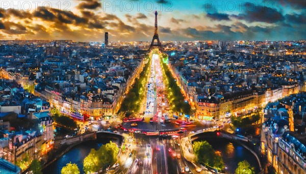 Paris and the Eiffel Tower illuminated at twilight with vibrant city lights, rush hour commuting time, sunset, blurry cityscape, bokeh effect, AI generated