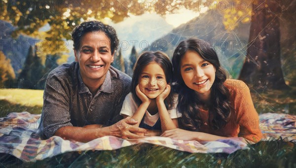 A family enjoying leisure time together, smiling outdoors on a sunny day, AI generated