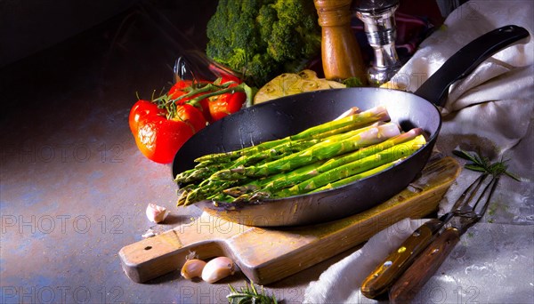 Green asparagus in a pan, staged with lighting and fresh vegetables, green asparagus, asparagus spears, AI generated, AI generated