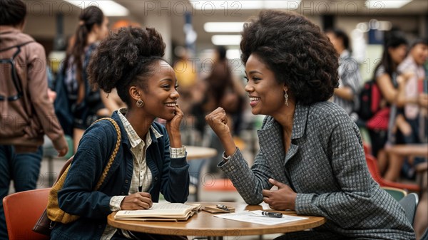 Two women engaged in conversation at a university with a notebook on the table, AI generated