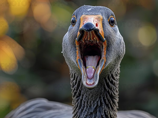Close-up of a screaming goose with detailed feather structure and blurred background, AI generated, AI generated, AI generated