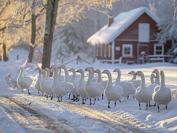 Several swans on a snow-covered path in a picturesque wintry setting, AI generated, AI generated, AI generated
