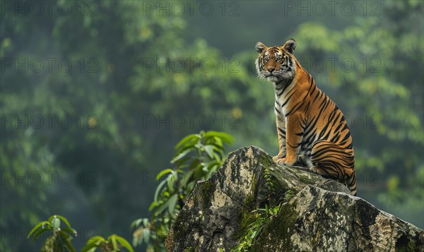 A Malayan tiger perched on a rocky ledge AI generated