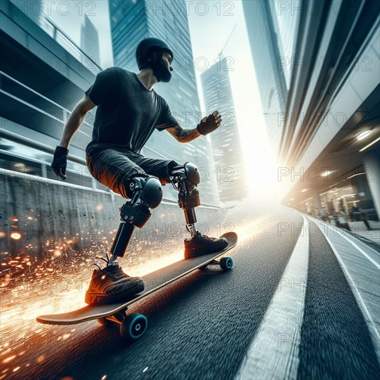 Skateboarder with a bionic leg performing a trick on a city street with dramatic sparks, AI generated