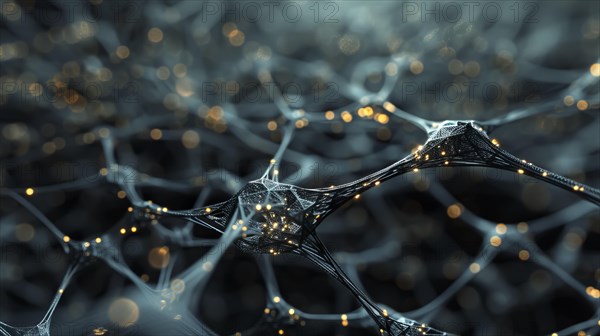 A close-up abstract image of a digital network with nodes and connections in blue and black tones with golden lights, ai generat, AI generated