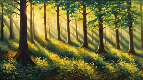 AI generated illustration of tranquil woodland composition awash in layers of diverse green tones sunlight spiraling and flickering