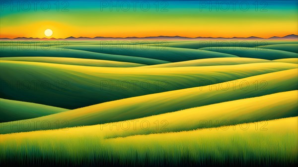AI generated abstract painting of grasslands under a blazing sunset waves of greens