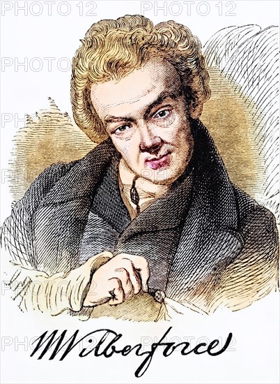 William Wilberforce, (born 24 August 1759 in Kingston upon Hull, Yorkshire, died 29 July 1833 in Chelsea) was a British Member of Parliament and leader in the fight against slavery and the slave trade in the western world, Historic, digitally restored reproduction from a 19th century original, Record date not stated