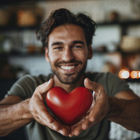 Happy young man holding a red heart and smiling, in the background a warm, domestic environment, AI generated
