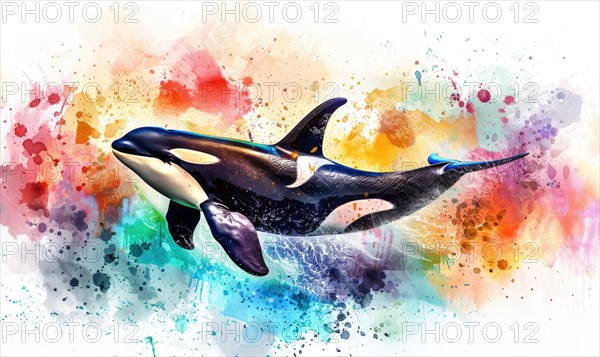 A watercolor depiction of an orca whale breaching the surface against a backdrop of vibrant ocean hues AI generated