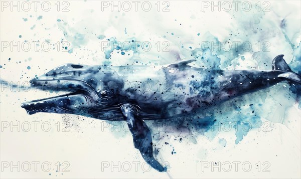 A watercolor illustration of a playful whale spraying water from its blowhole AI generated