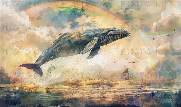 A watercolor artwork portraying a surreal scene of a whale leaping over a rainbow in a dreamlike setting AI generated