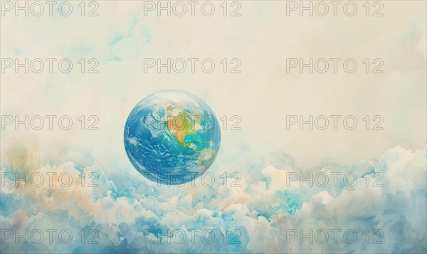 Vibrant watercolor painting of an Earth globe floating in a dreamy sky AI generated