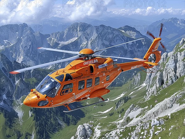 Ein orange gefaerbter Rettungshubschrauber schwebt ueber den Alpengipfeln an einem sonnigen Tag, Rettungshubschrauber im Einsatz, AI generiert, AI generated