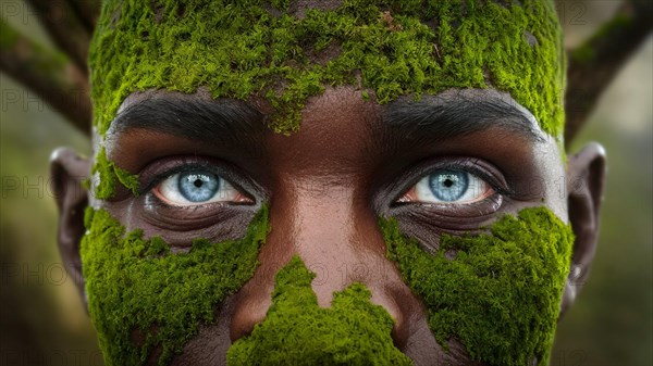 Portrait of a man with moss face paint staring intensely at the viewer, moss growing and thriving, creating a mystical and enchanting effect, earth day concept, AI generated
