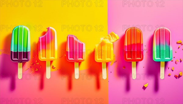 Colorful popsicles against a gradient yellow and pink background, some melting, horizontal, AI generated