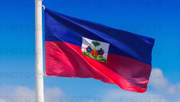 Flags, the national flag of Haiti flutters in the wind