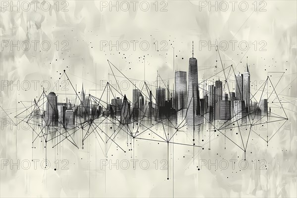 Abstract monochrome city skyline connected by geometric lines and dots, giving a minimalist, modern look, illustration, AI generated