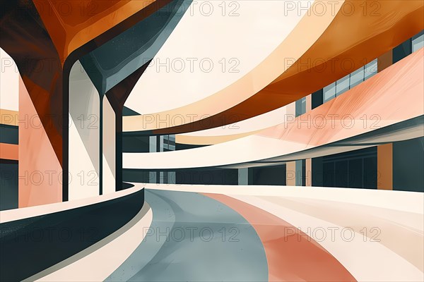 Futuristic architectural structure with sweeping curves and warm color tones, illustration, AI generated